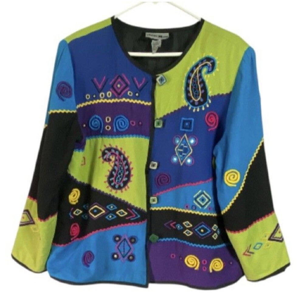 Indigo Moon Womens Blazer Size Large Boho Colorful Patchwork Embroidered